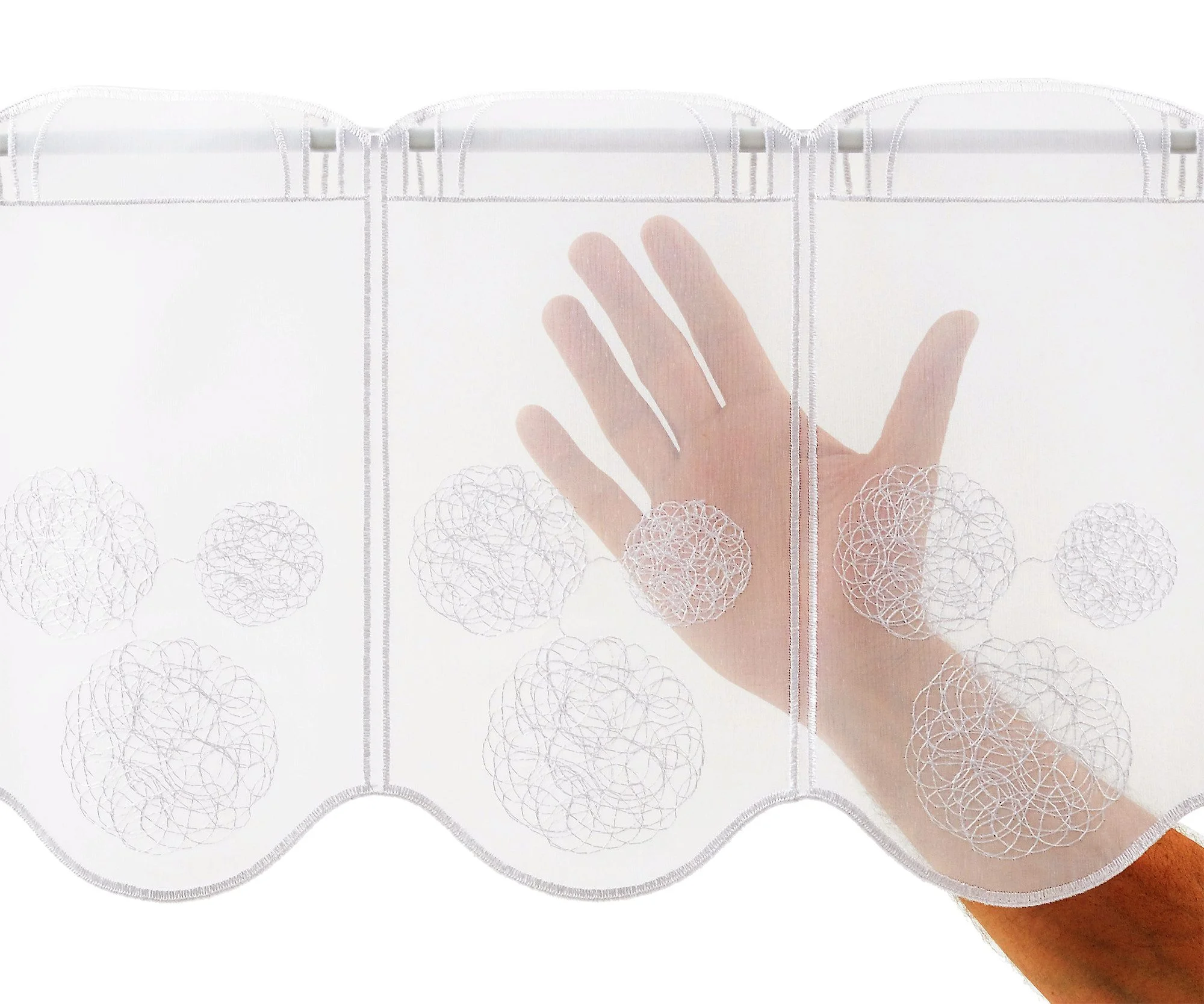 Scheibengardine „bestickte Kugeln“ – Höhe 30 cm, weiß, transparente Kurzgardine